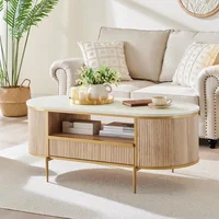 Fluted Coffee Table, 48" Oval Coffee Table with Drawer, Faux Marble Top, Curved Profile Design, Gold Metal Decor, Center Table 1
