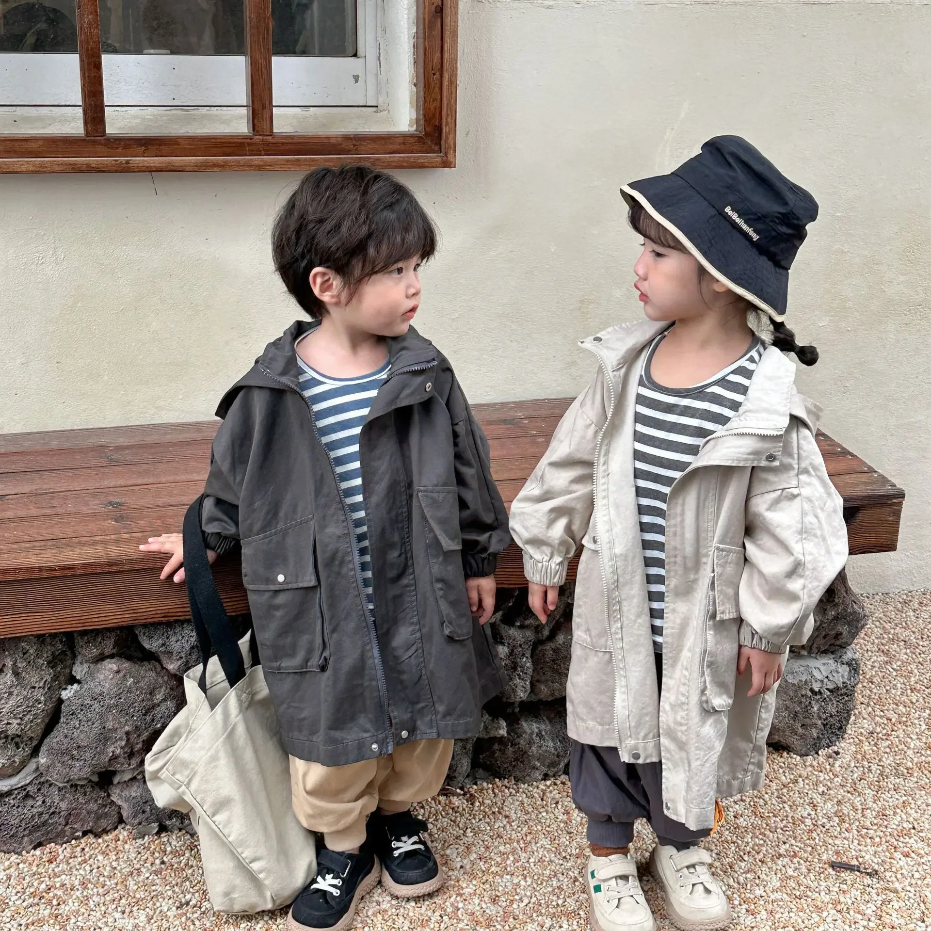 4561D Children's Coat Long Trench Coat Spring Girls' Hooded Windbreaker Korean Casual Loose Boy's Outerwear