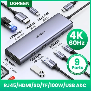 UGREEN-USB C 허브 4K 60Hz c형, HDMI 2.0 RJ45 PD 100W 어댑터, Macbook Air Pro iPad Pro M2 M1 PC 액세서리 USB 3.0 허브