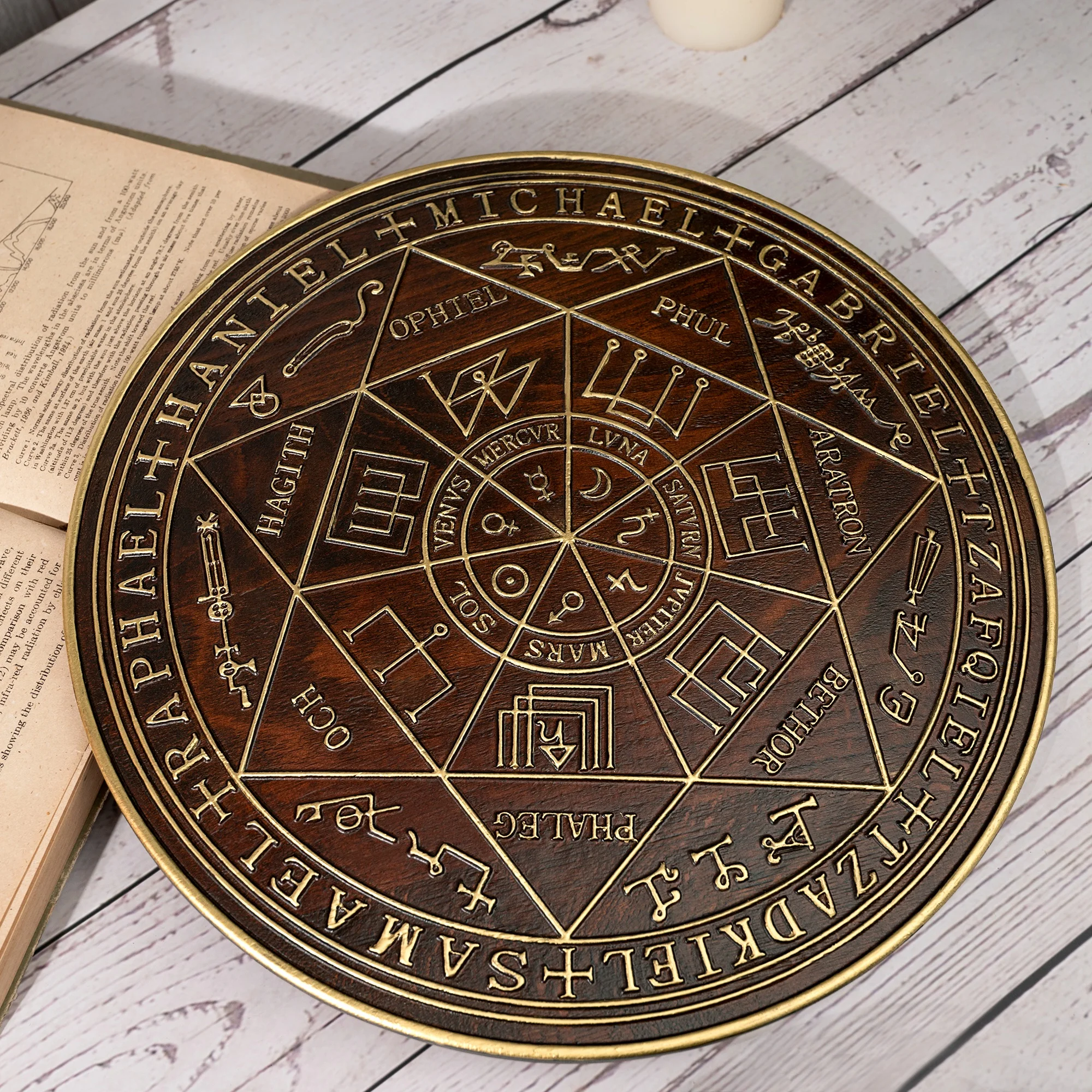 Seven Archangels Saint Michael Seal Wood Carved Home Ornament, Protection Amulet, Hanging Plaque