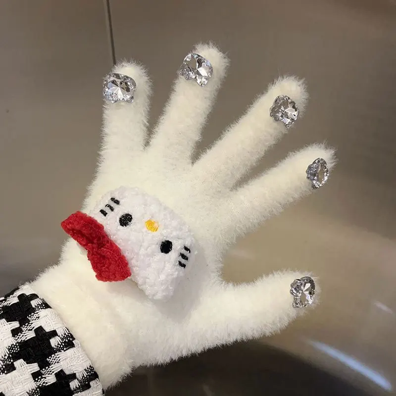 산리오 헬로 키티 여성용 장갑, 귀여운 키티 고양이 봉제 장갑, 따뜻한 부드러운 봉제 양모, 풀 핑거 장갑, 다이아몬드 선물