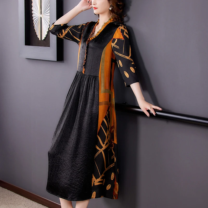 2024 Spring Summer Print Natural Silk Dress Women Elegant Bodycon Party  Evening Vestidos Boho Vintage Loose Midi Dresses - AliExpress 200000345