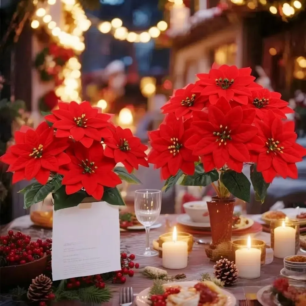 5 Heads Bunch Artificial Poinsettia Bouquet Artificial Flowers Realistic Fake Flower Pot Ornament Red Poinsettia