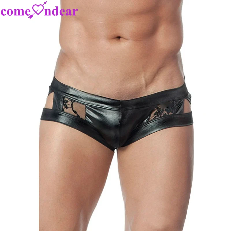 

Comeondear Cuecas Gay Leather Sexy Mens Underwear Black Transparent Sissy Panty Open Back Floral Shorts Slip Men Low Rise Briefs