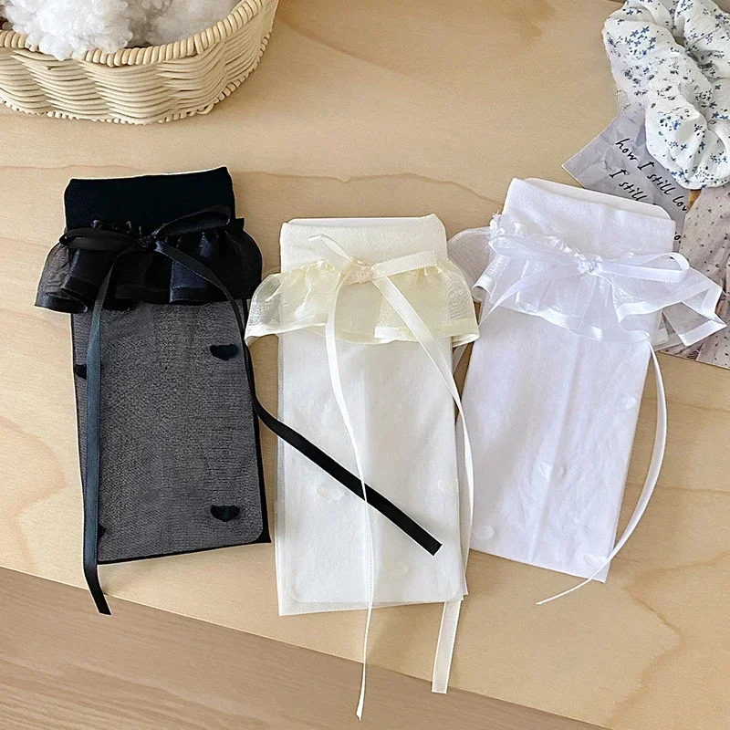 Black White Thin Breathable Lace Knee High Long Sock for Kids Girls Korean Fashion Dot Heart Knee Sock Nylon Cotton School Sock