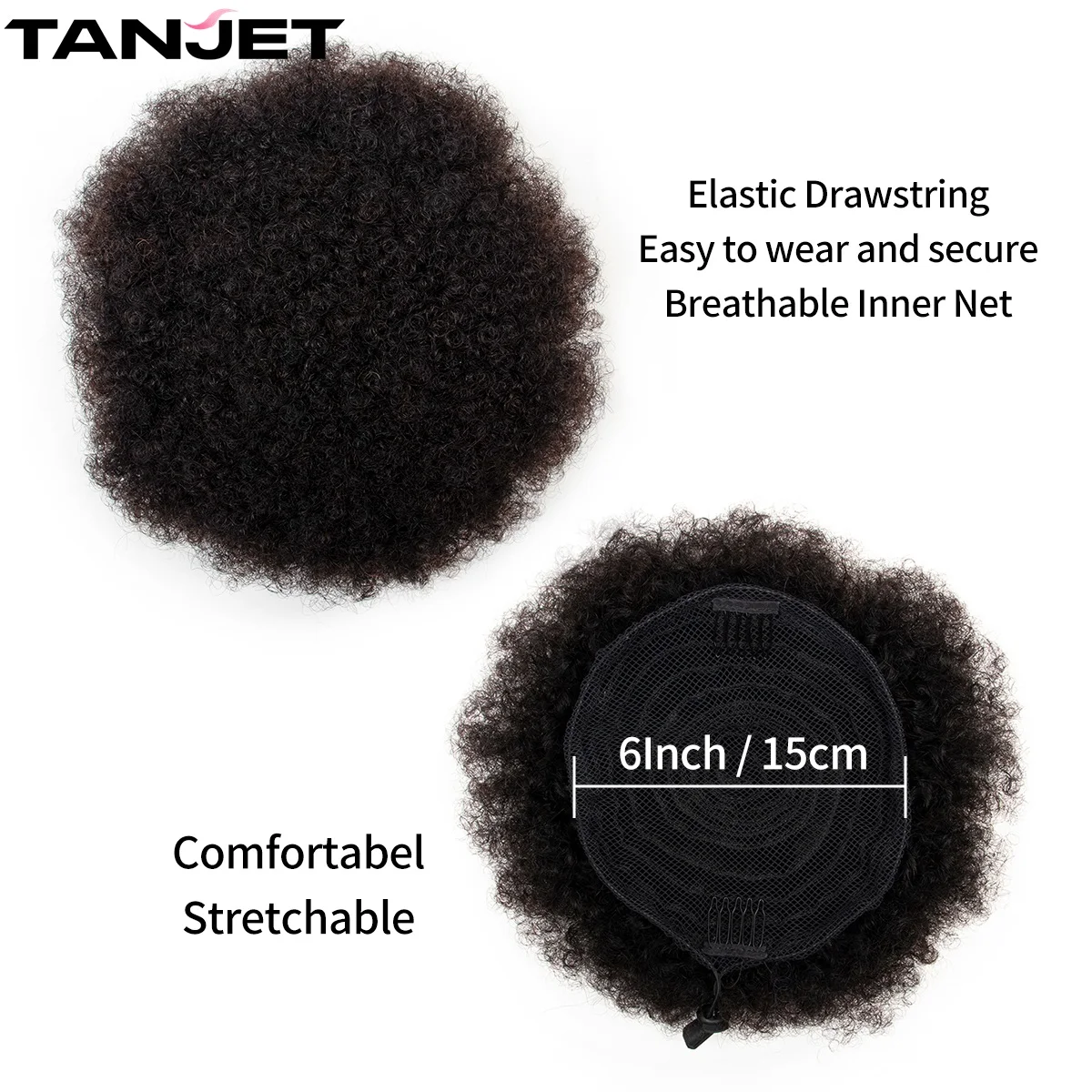 Tanjet 8Inch Afro Puff Ponytail Human Hair Bun Kinky Curly Drawstring Ponytail Brazilian HairExtensions Natural 6 Inch Chignon