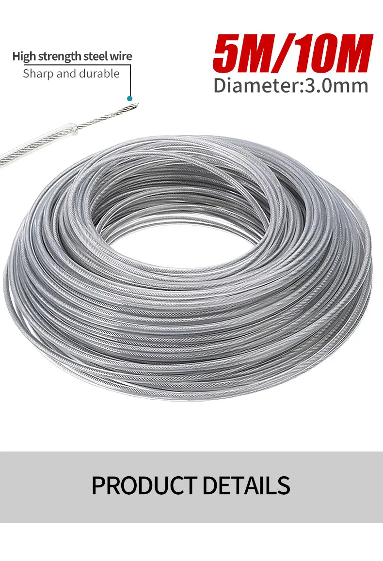 INDEL Steel Wire Nylon Grass Trimmer Line 3.0×5M/10M Brushcutter Trimmer Rope Lawn Mower Cord Long Round Roll Grass Replacement