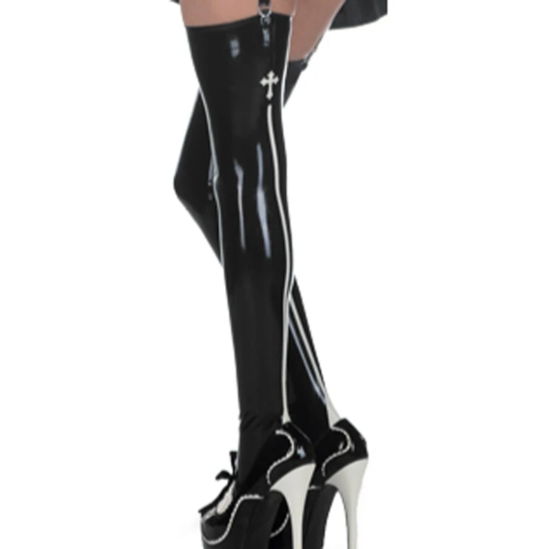 

Sexy Long Latex Stockings With Cross And Stripes At Back Heel Rubber Thigh High Stockings