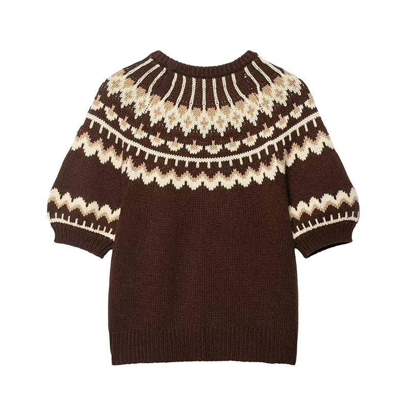 Chic Autumn Knitted Pullover Women Vintage Jacquard Sweater Fashion Casual Short Sleeve Female Elegant Knitwear Top
