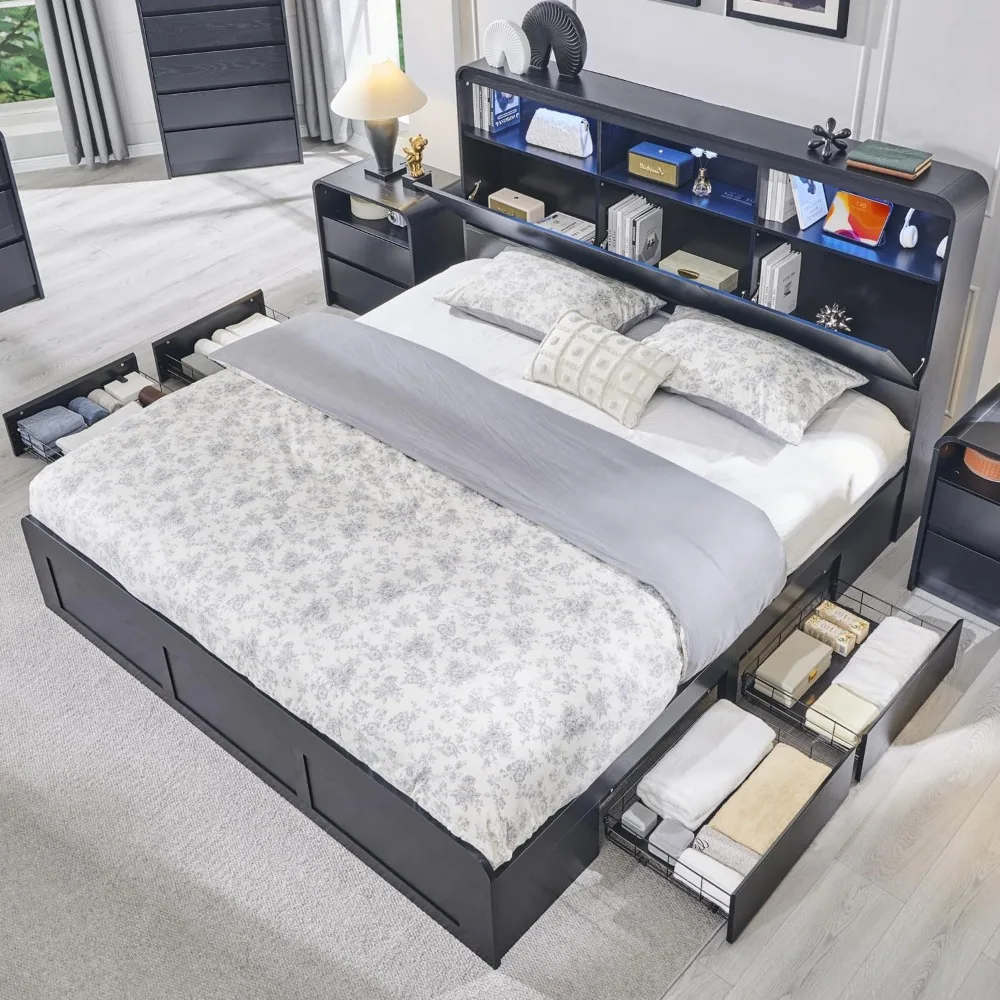 King Size Wood Bed Frame with 50" Tall Storage Headboard, LED King Size Platform Bed Frame w/4 Drawers, Charging Station 6