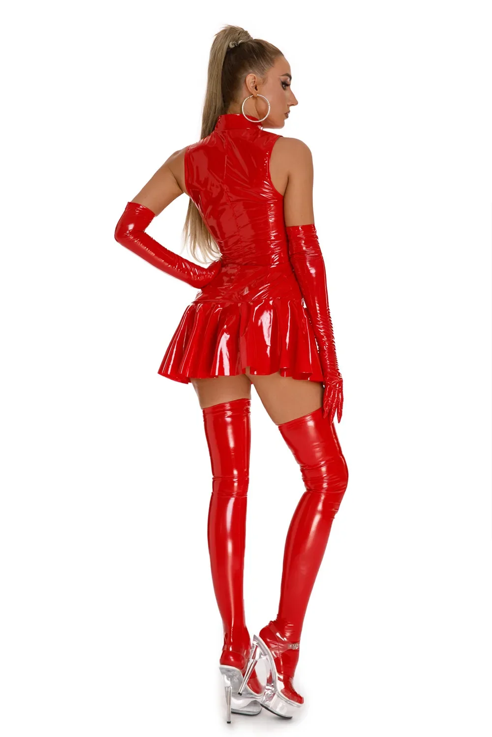 Plus Size Women Glossy Leather Dress Set Sleeveless Shiny Latex Pleated Short Skirt Hot Porn Zipper Open Breast Exposing Sexi