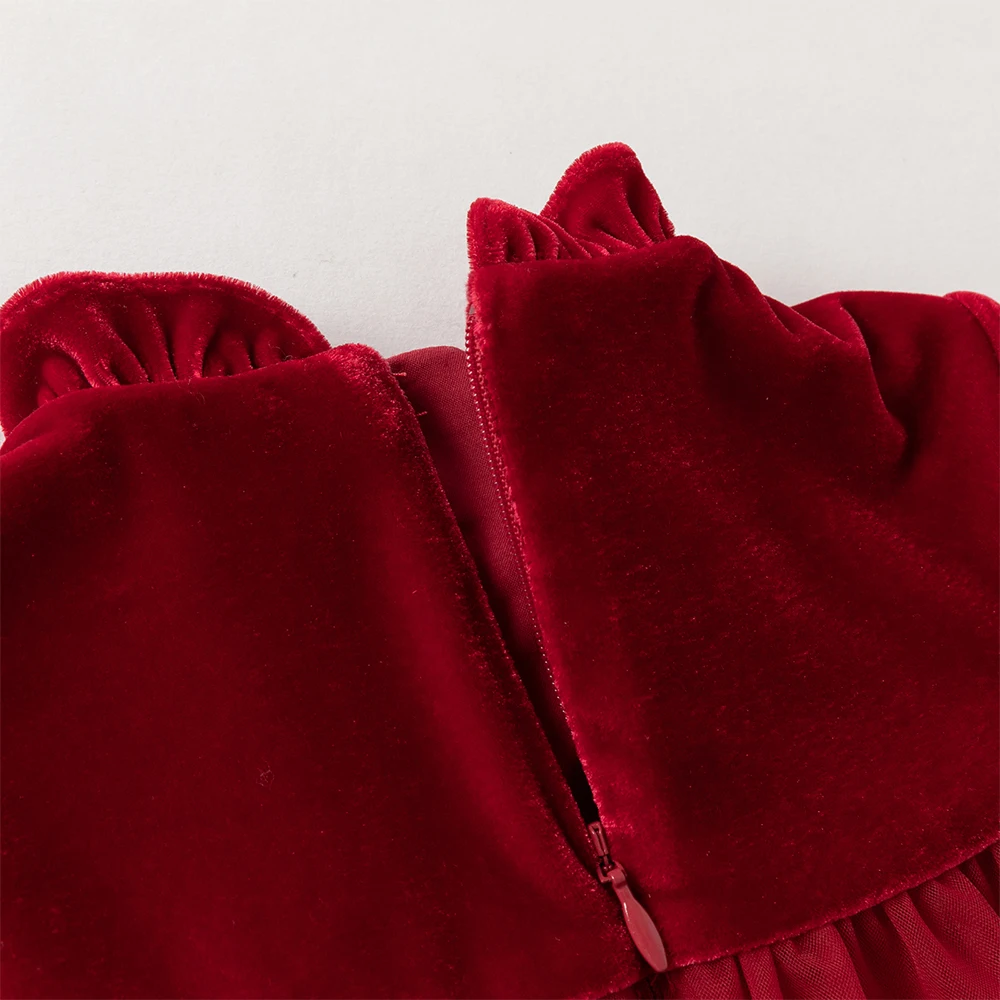 ديف بيلا الفتيات الأميرة المخملية فستان الشتاء الطفل لطيف سحر الدانتيل فستان شبكي حفلة سميكة طويلة الأكمام ملابس خارجية حمراء DB4254215