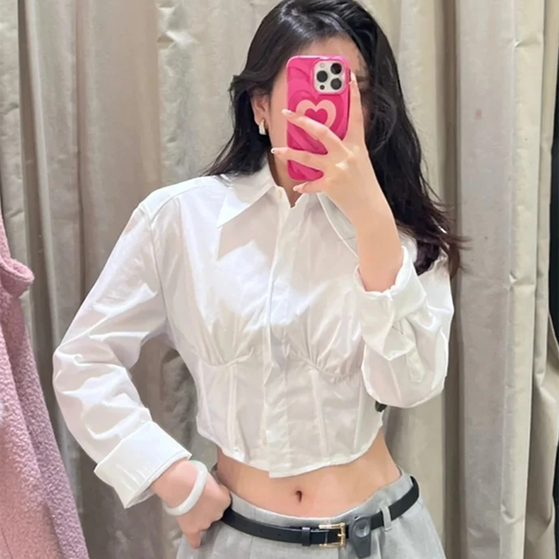 

2023 spring new women's fashion casual lapel long-sleeved waist short poplin white shirt