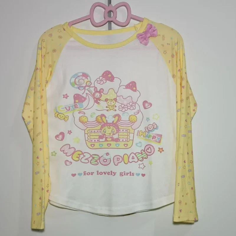Pink Japanese Y2k Aesthetic Lolita T-shirts Women Clothing Sweet Cartoon Print O Collar Bow Tees Casual Kawaii Grunge Fairy Tops 1