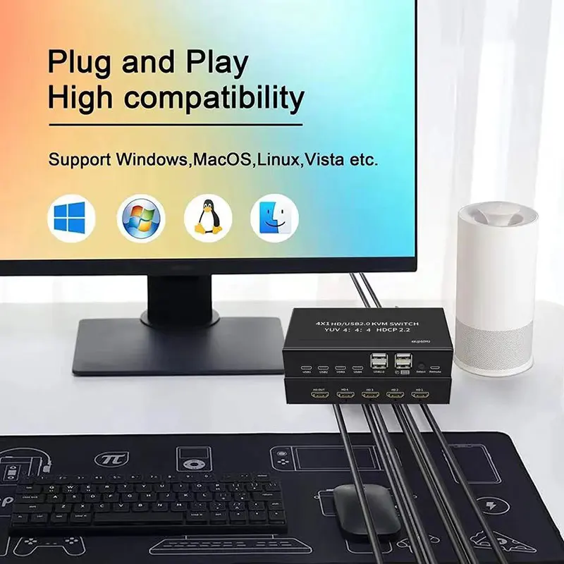 KVM 4x1 ġ, 4K 60Hz USB ó, HDMI ȣȯ HDCP2.2 ñ, 4 PC   콺 Ű, 4 Ʈ, 4 in 1 out
