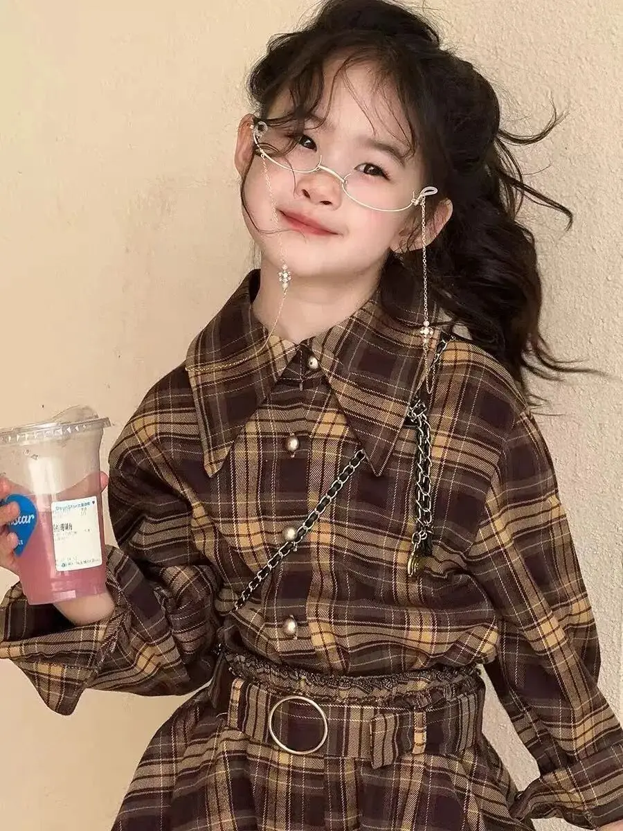 여아 의류 세트 봄과 가을 신상 아동 레트로 플립 긴팔 체크 셔츠+꽃봉오리 반바지 2피스 세트