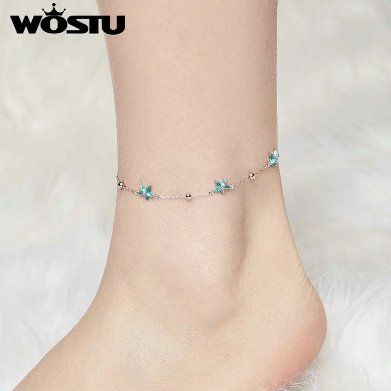 WOSTU 925 Sterling Silver Blue-green Starfish Anklet White Gold Plated Adjustable for Women Fine Jewelry Party Daily Gift
