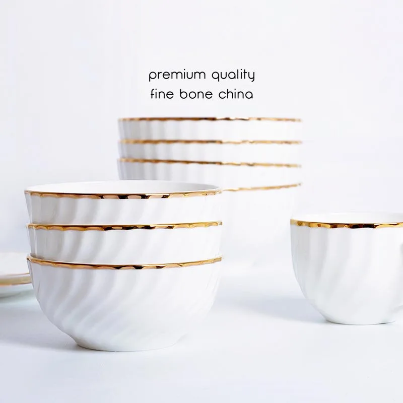 

Bone China Golden Edge Dinnerware Set White Revolving Reliefs Depict Golden Tableware Dinner Plate Soup Bowl Cup And Saucer 1pcs