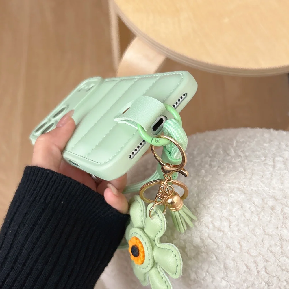 Sunflower Wrist Lanyard Luxury Down Jacket PU Leather Phone Case