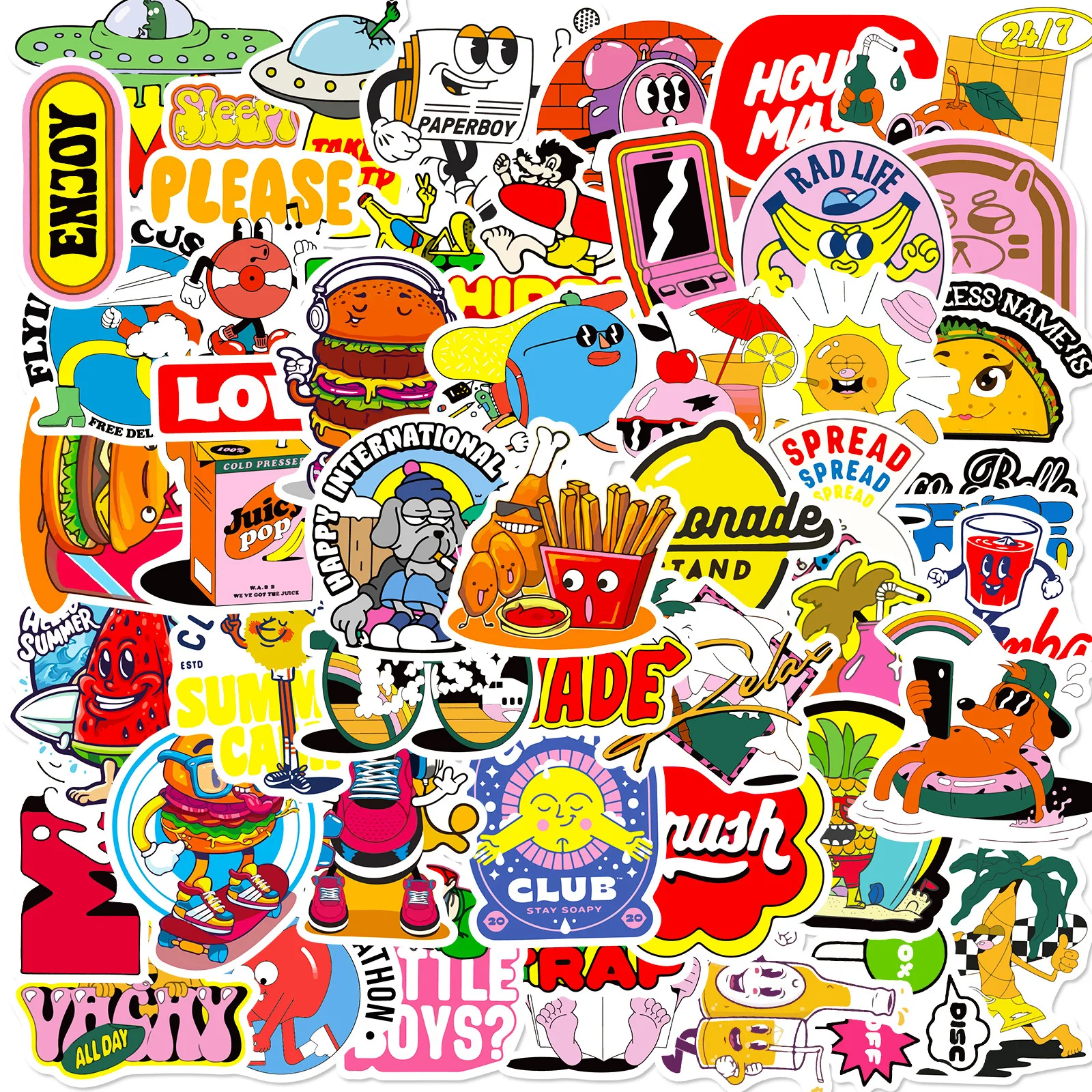

10/30/50PCS Cute and Funny Hamburg and French fries Food Text Mix and Match Stickers Fun Cartoon Sticker For Kids
