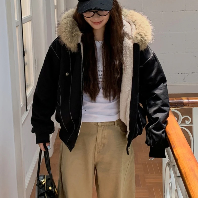 Fur Collar Hooded Parkas Y2k Harajuku Thicken Padded Jackets Casual Zipper Gothic Women&Men Winter Coats Streetwear кур