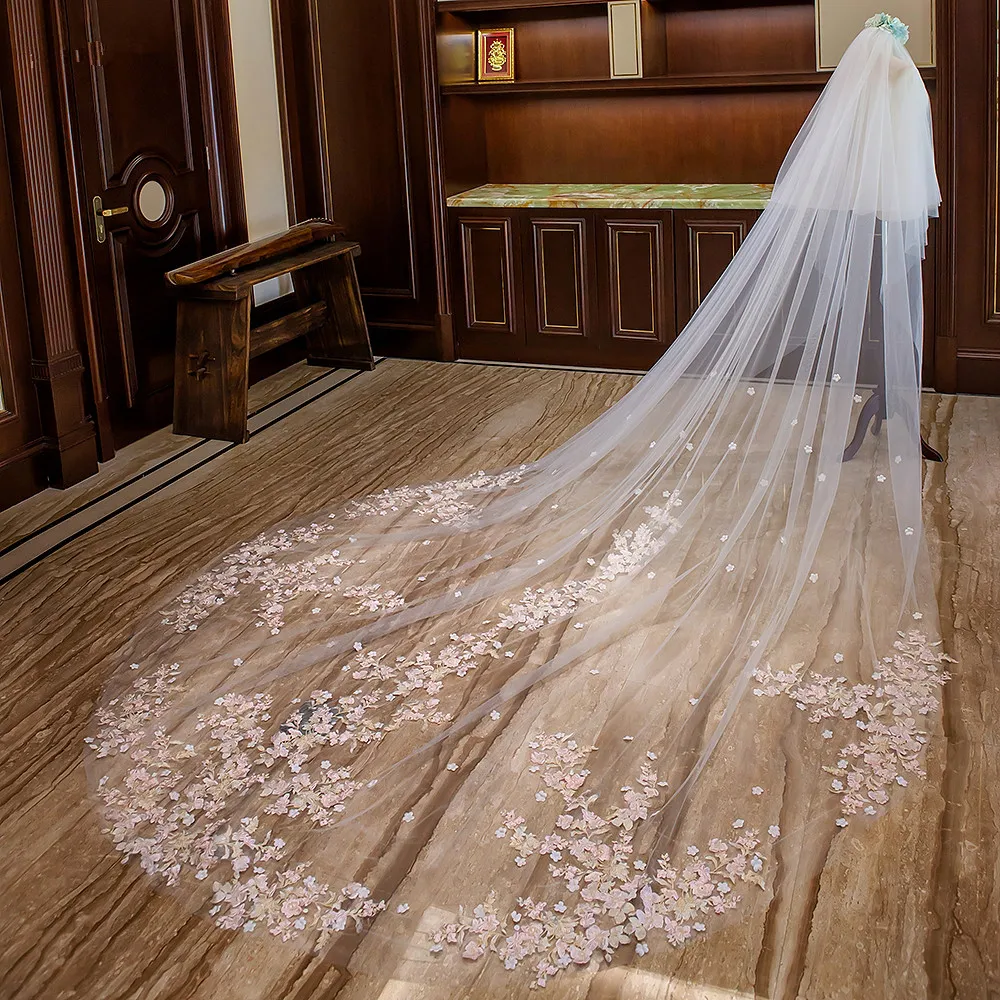 Wedding Veils Long 2 Tiers Blusher Bridal Veil Lace Edge Romantic Pink Flowers Floral Appliqued White Ivory Bride Accessories
