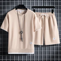 Summer Men's Waffle Sets Casual T-Shirt And Shorts Set Male Sports Suit Solid Color Tracksuit Loose Suits Size