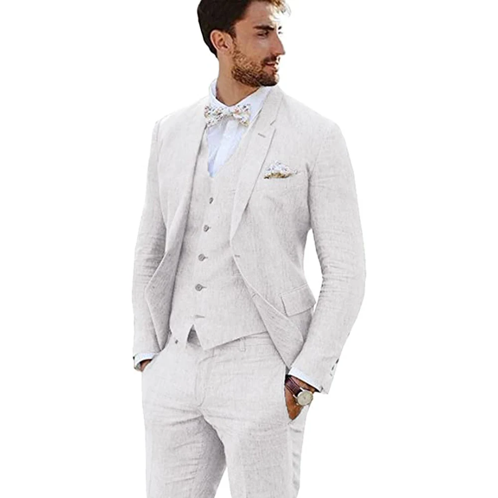 Male Suit Groom Tuxedos Linen Party Business Casual Suit Notched Lapel 3 Piece (Blazer + Vest + Pants)Slim Fit Costume Homme