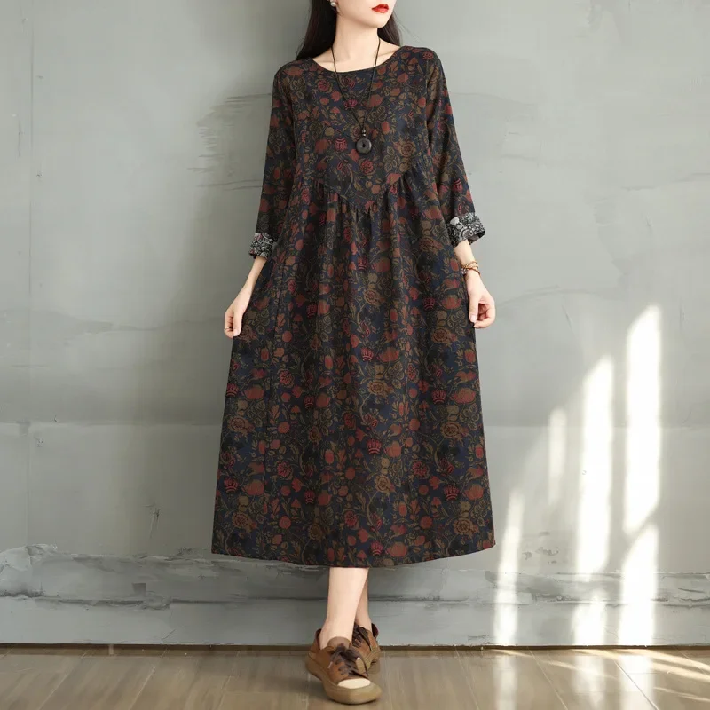 الرجعية القطن الكتان طباعة جولة الرقبة المرأة فضفاضة التخسيس العصرية فستان طويل الأكمام طول الركبة فستان قطعة واحدة