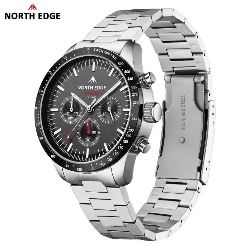Men Quartz Watch Solar Powered Stopwatch Waterproof 50M 316 Full Stainless Steel Luminous Pilot Watch NORTH EDGE LONGWINGS