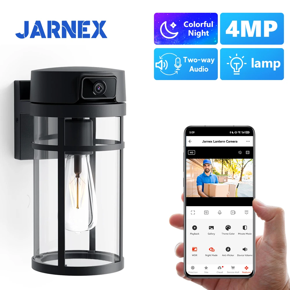 Caméra de sécurité extérieure Jarnex 2K WiFi avec détection humaine par IA, éclairage de jardin, 4 MP, audio bidirectionnel, fonction PTZ et lampe de jardin._voghion.com