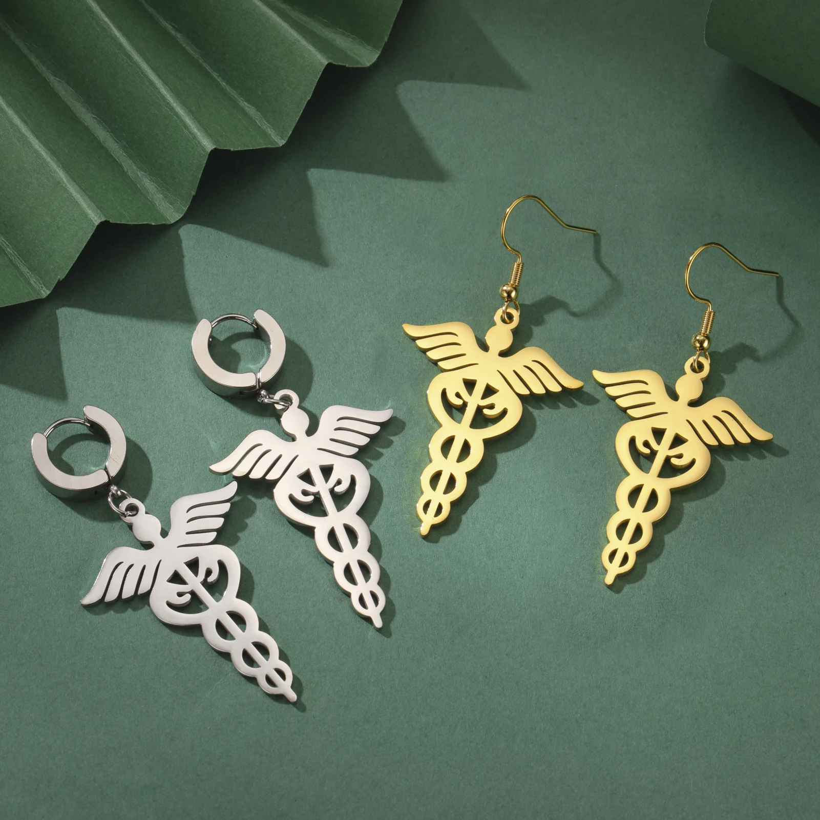 LIKGREAT Caduceus Angel Wing Drop Dangle Earrings for Women Stainless Steel Symbol of Medicine Pendant Nurse Day Jewelry Gift