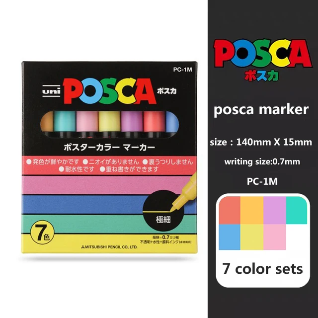 TOKYO SATURDAY UNI-POSCA Black Japan made and Import - 5 Acrylic Maker Pens  (PC-1M, 3M, 5M, 8K, 17K) with Hiragana Sticker, BK - 5 Sizes