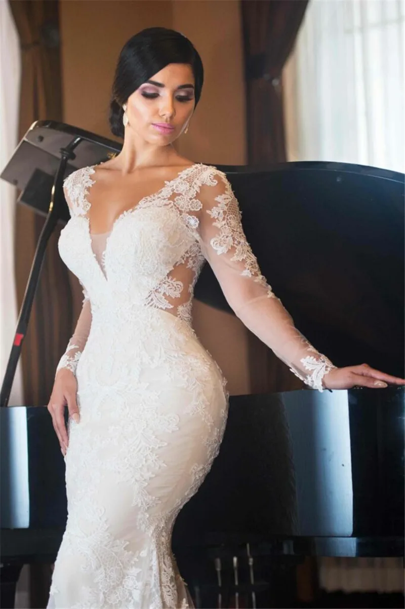 Romantic V-Neck Long sleeve Mermaid Wedding Dresses Sexy Lace Illusion Spanish wedding dress Backless Bride Dress