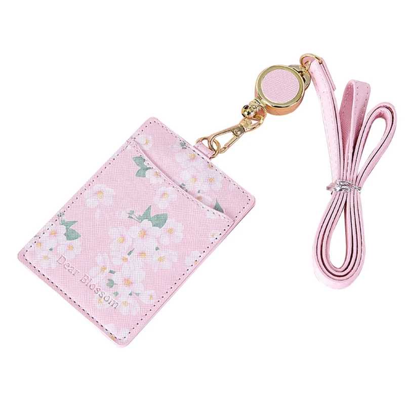 

Cute FlowersPU Leather Bus ID Credit Card Holder for Case Portable Badge Retractable Neck Strap Lanyard 517D