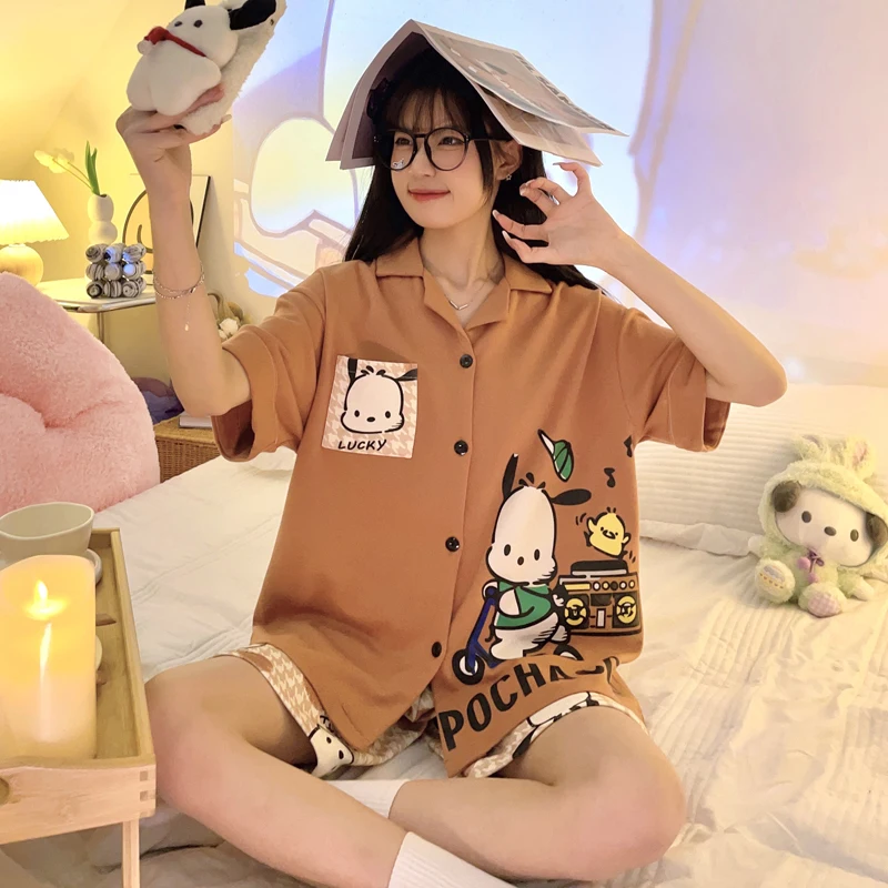 

Sanrio Pochacco kawaii Anime Cartoon Cardigan Pajamas Set Button Down Short Sleeve Tops With Shorts Comfy Nightwear Lounge Wear