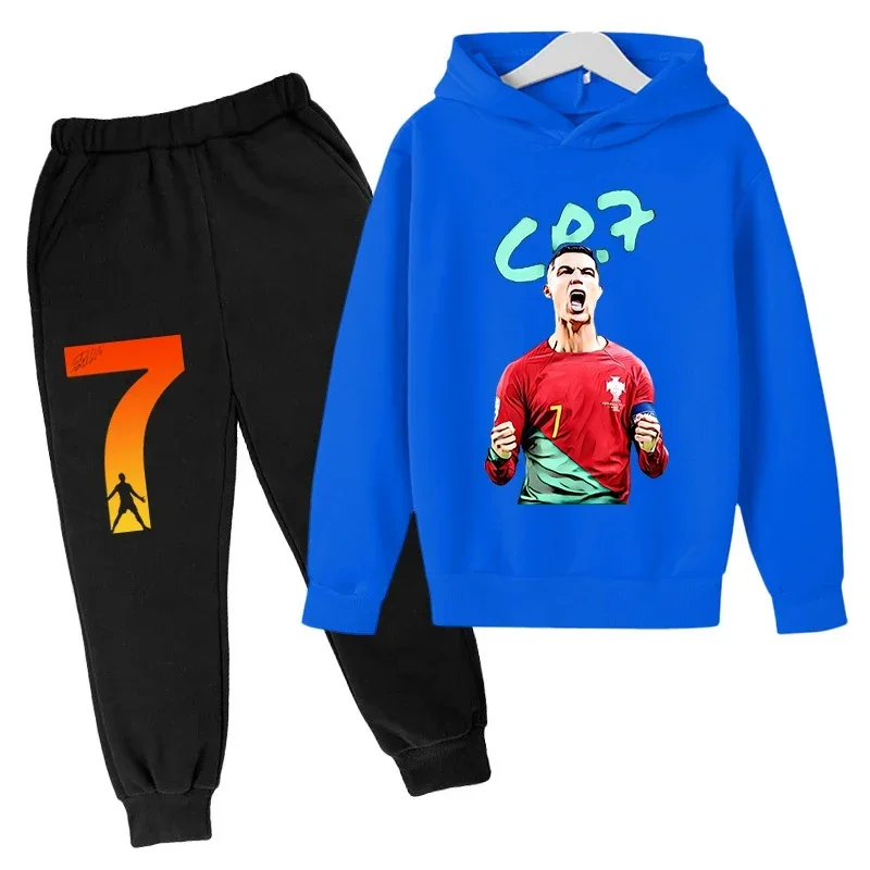 thumbnail image 1 of Conjunto de sudadera con capucha de primavera de Ronaldo, conjunto de 2 piezas de sudadera y pantalones azules informales para niños, ropa deportiva informal, chándal para niños, 1 of 5