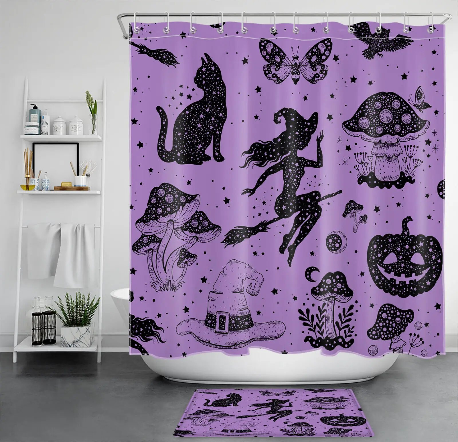 

2PCS Halloween Black Cat Witch Broom on Purple Shower Curtain Set for Bathroom Decor Bathroom Flannel Mat
