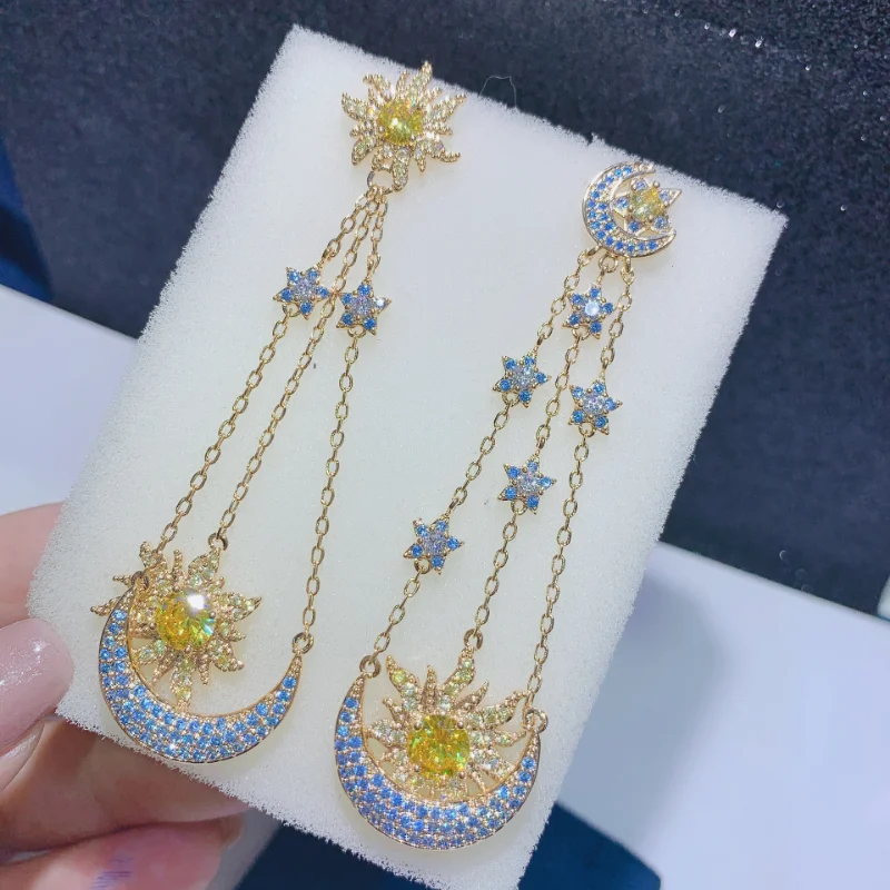

Luxury CZ Zricon Long Tassel Earrings 925 Silver Needle Eight-point Star Blue Moon Night Earring Gold Plated for Women Party