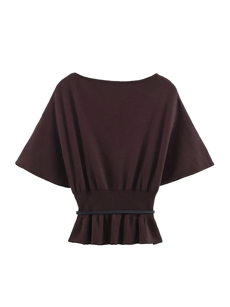 Women's Knitted Tops With Belt 2025 Autumn Hem Ruffle Loose Pullover Top Fashion Vintage Sweaters Female Casual Knitwear