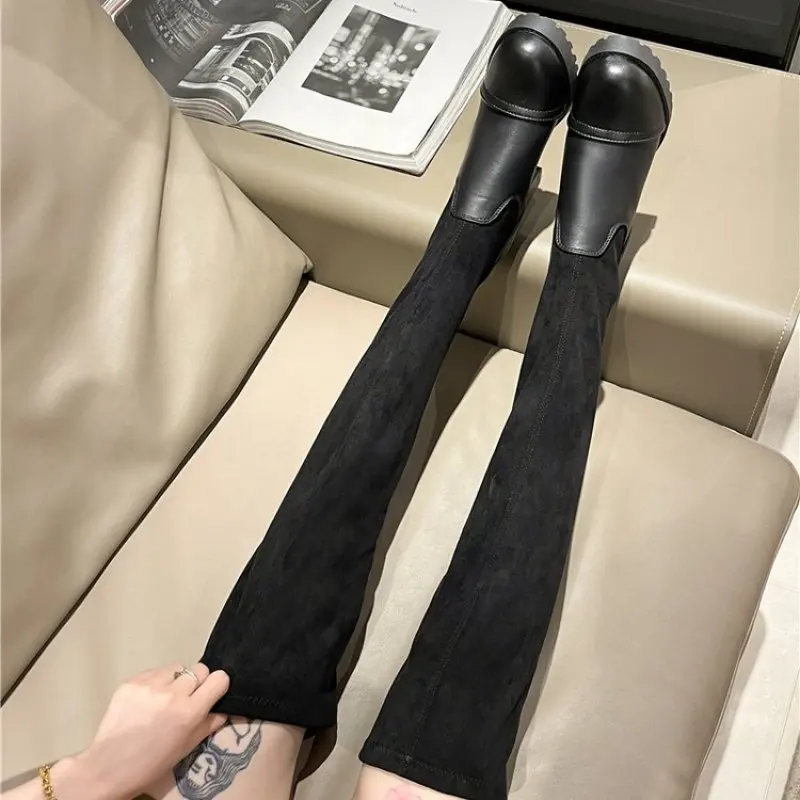New Faux Suede Female Heels Autumn Zipper Elastic Knee-high Boots for Women Tube Lace-up Thigh Gigh Boots Black Botas Mujer 2024