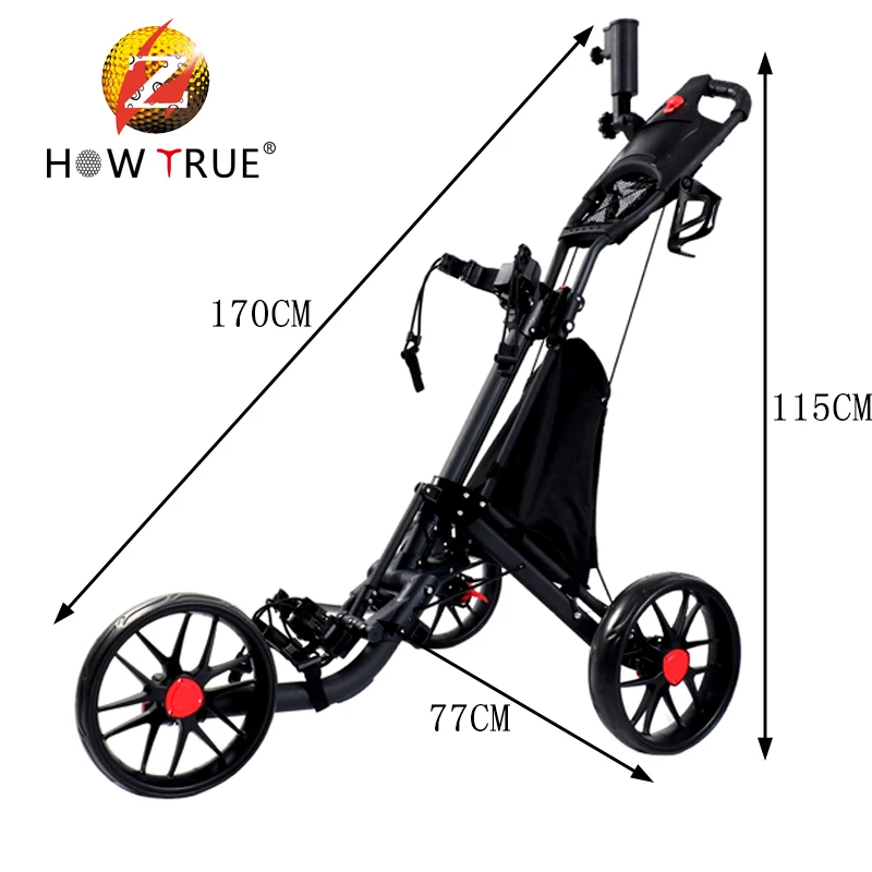 Folding Golf Trolley, 3-Wheel Pull Push Cart with Storage Bag Multi-Function Panel Umbrella Stand