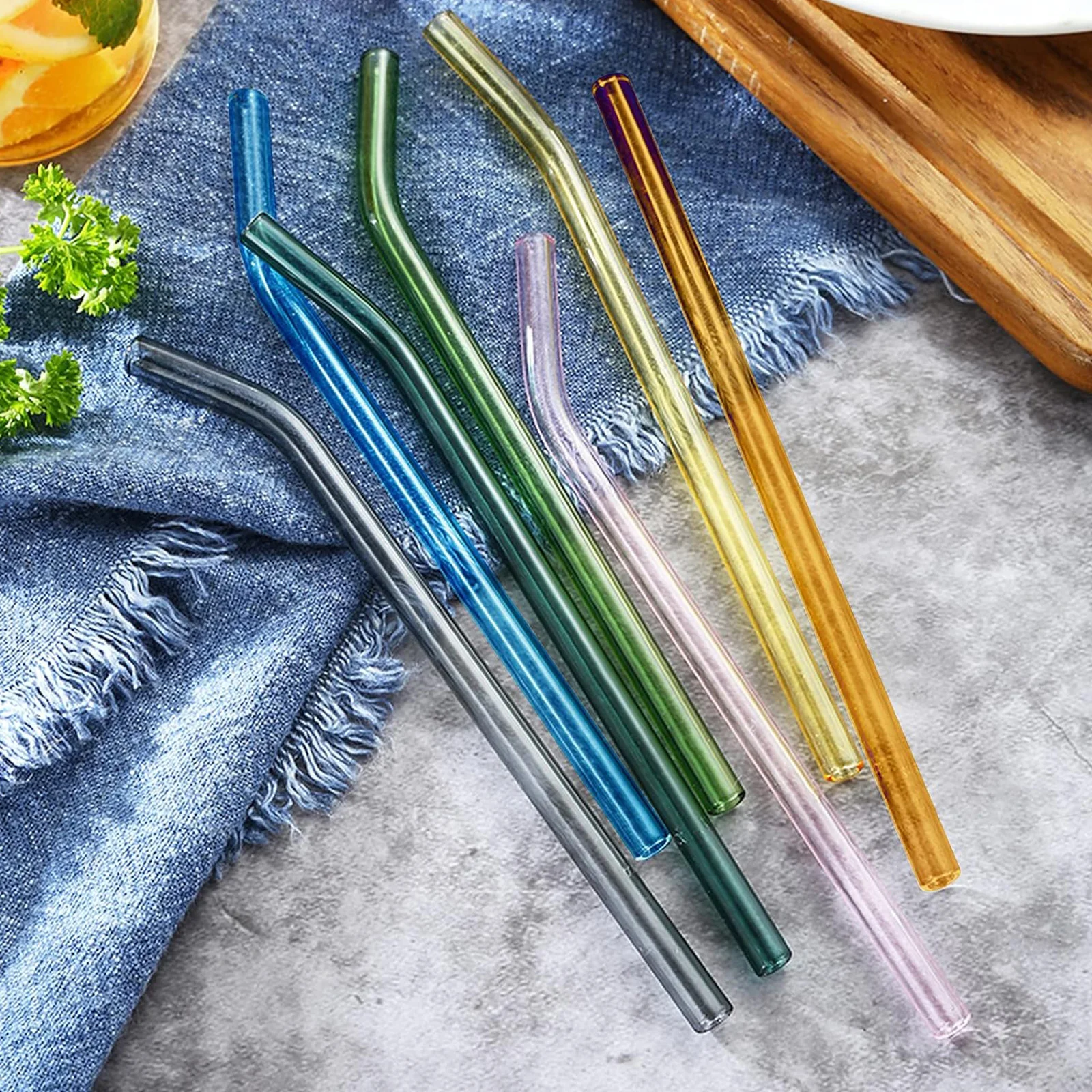 Eco-Friendly Multi-Color Reusable Glass Straw Set - 7 Pieces for Smoothies, Milkshakes, Tea, Juice, and Cocktails