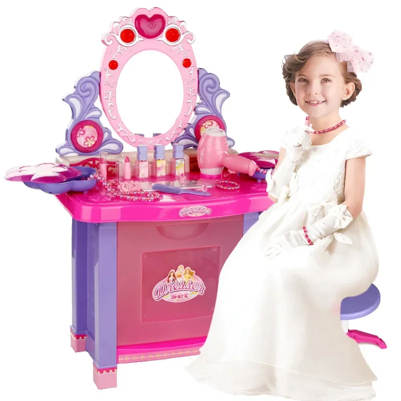 70cm High Quality music Kids Cosmetics Dressing table ring lipstick nail comb hair dryer Play house Interactive Toy baby gift 3