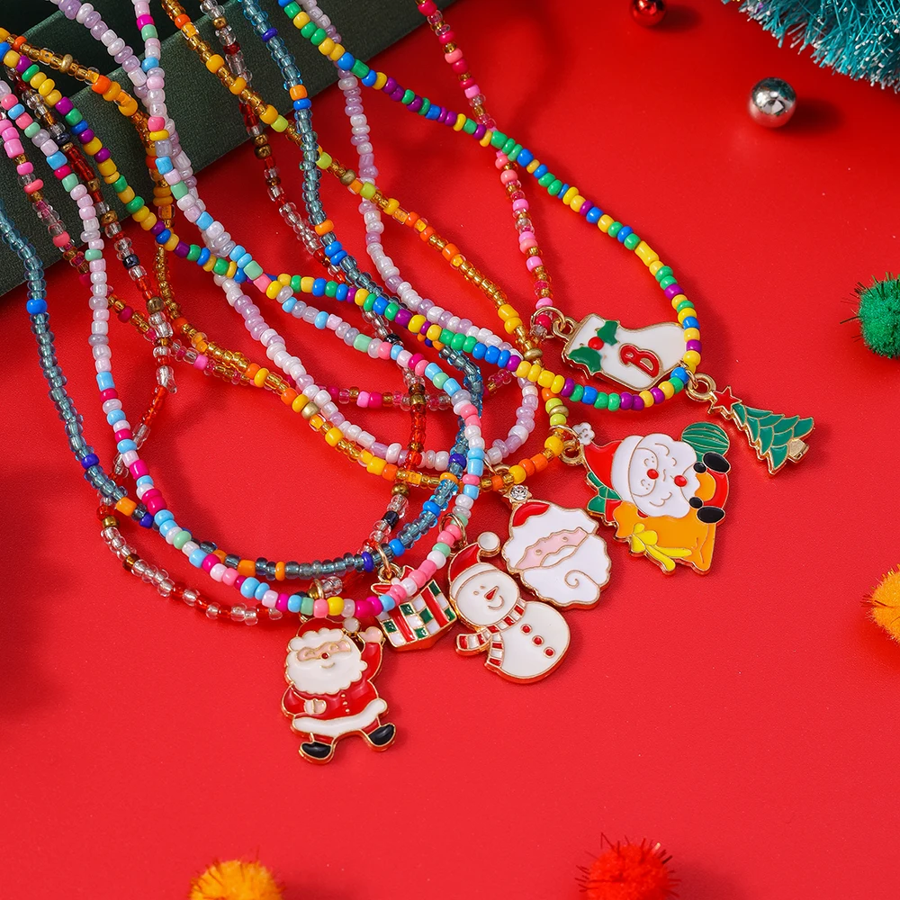 Aihua Mix 7 Stück Frohe Weihnachten Halskette für Frauen Mädchen Weihnachtsmann Hirschglocke Weihnachtsbaum Anhänger Halskette Neujahrsgeschenke – Detail 10