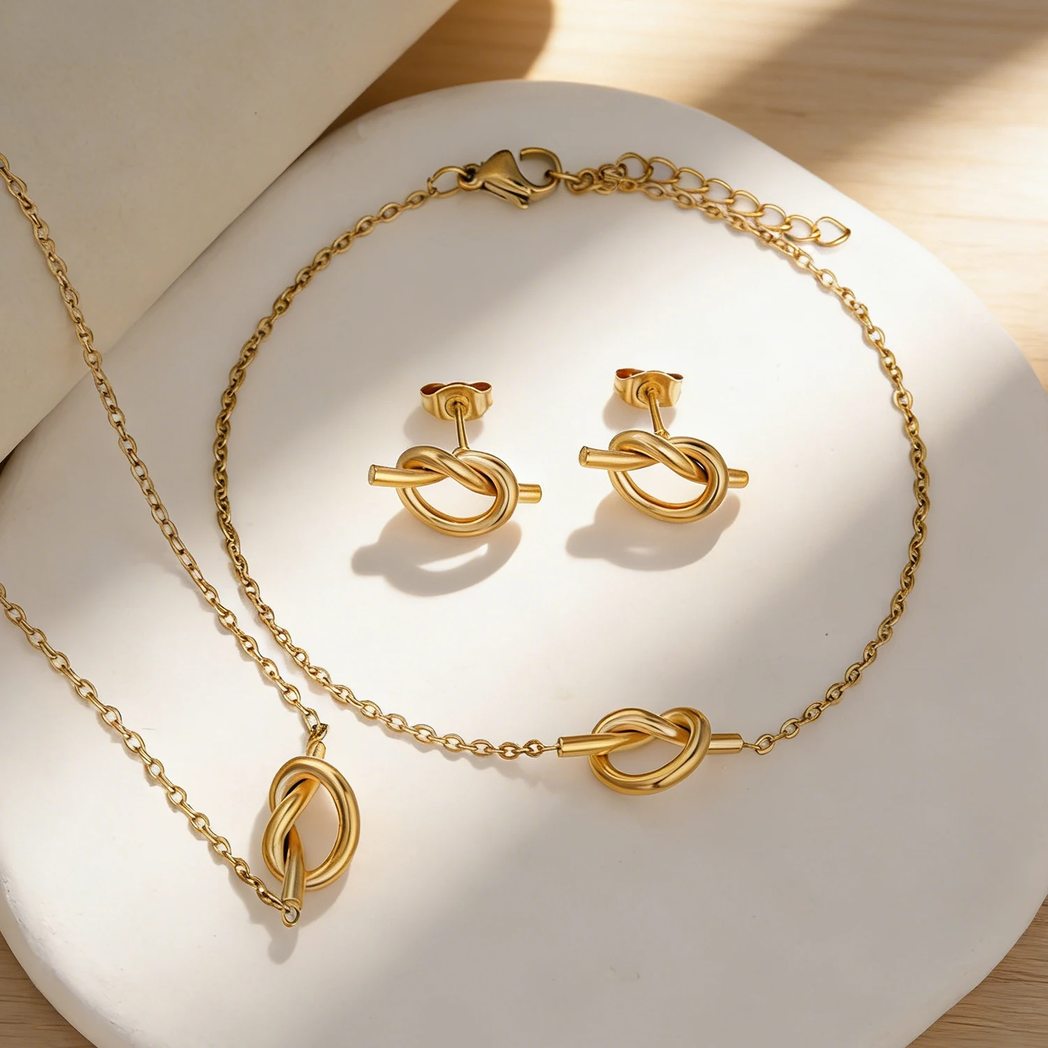 Polished 18k Gold Plated Knot set Pendant Necklace,Bracelet Earring Waterproof Stainless Steel Jewelry Everyday Wear