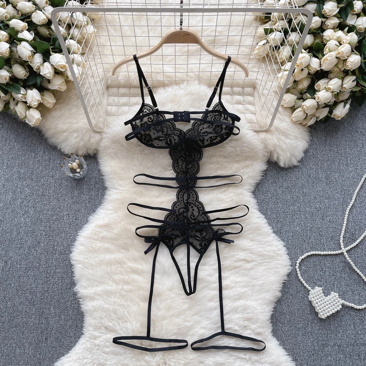 Women's Transparent Sexy Lace Up Spliced Strap Jumpsuit Slim Fit Erotic Lingerie Bodysuit Shapewear Hollow Out Backless Playsuit