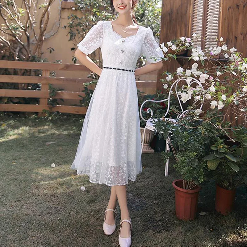 

2023 Summer Kawaii Chic Y2K Lace Button Women's Clothing Female Clothes Vestidos De Fiesta Sweat All Match Short Sleeve Dresses