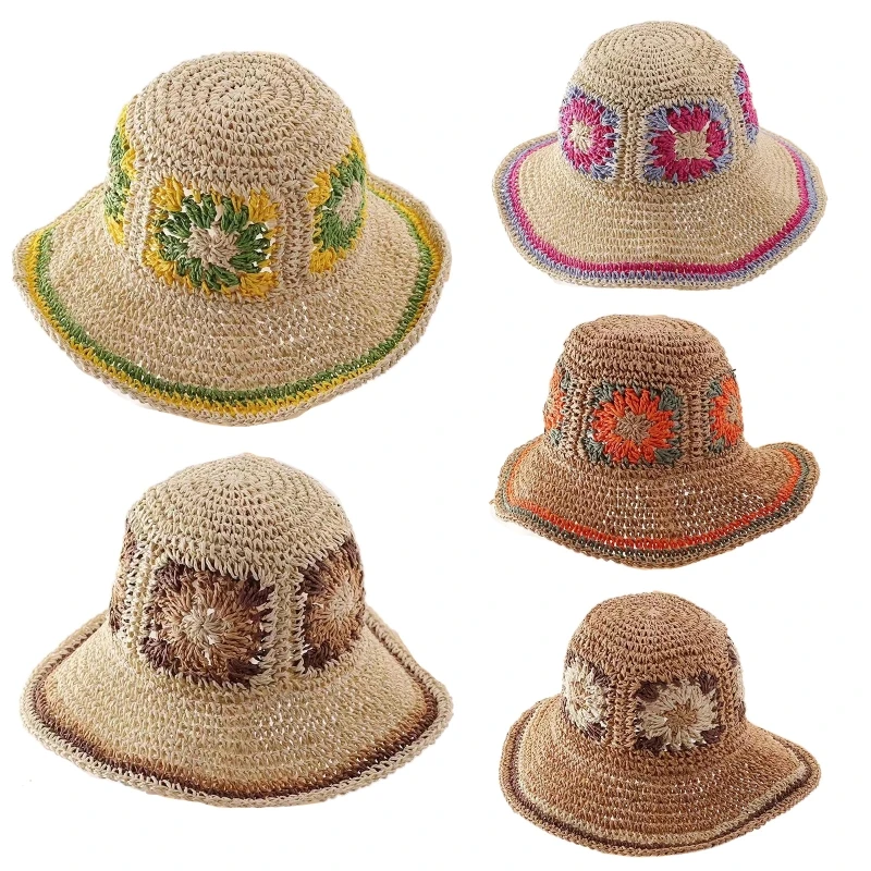 

Bucket Hat for Women Teens Wide Brim Foldable Soft Fisherman Hat Spring Summer Anti-UV Hat Crochet Flower Pattern Hat M6CD