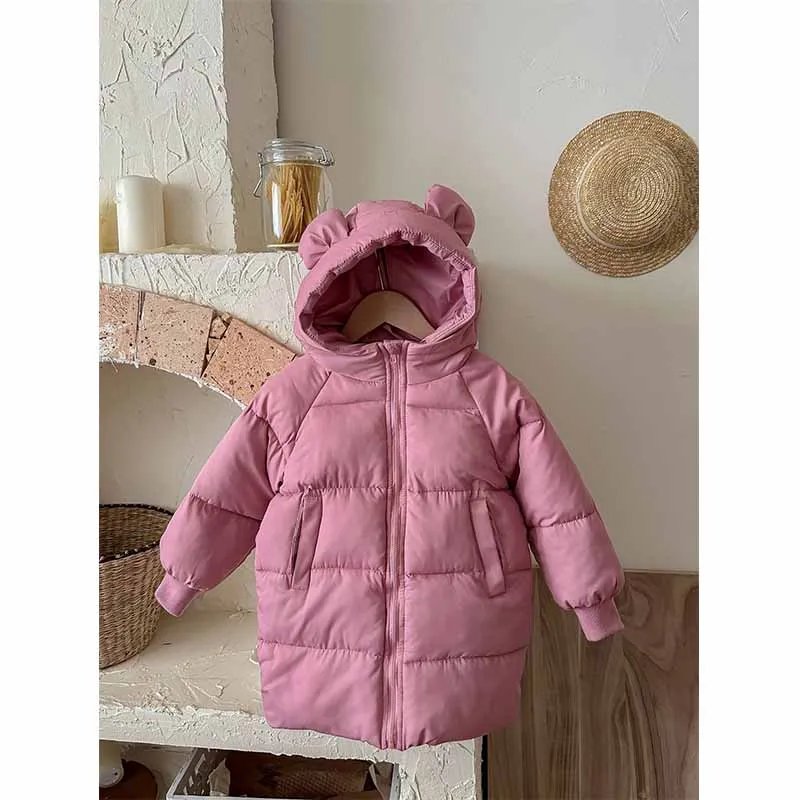 Girls Winter Coat Boys Padded Thickened Warm Long Outerwear Children Solid Color Hooded New Clothes Jacket 2-8 Years Old